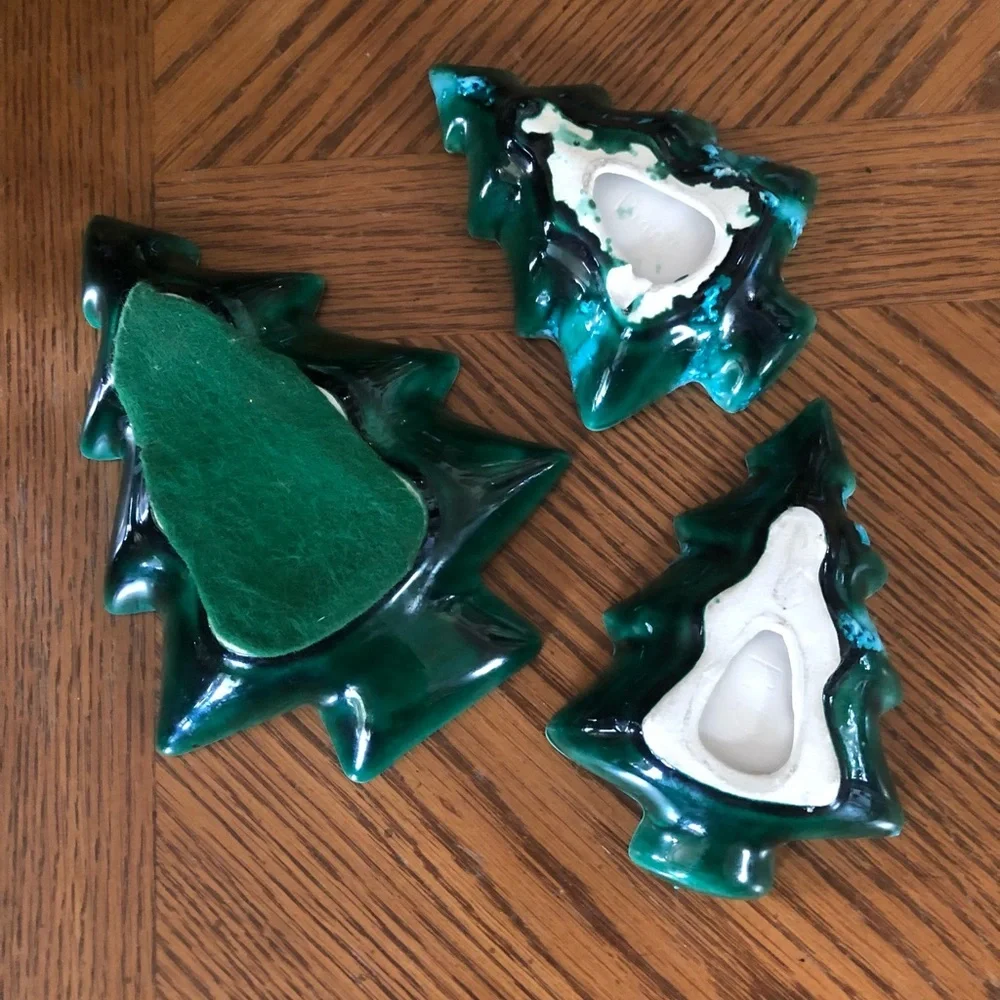 Vintage Set of 3 Green Drip Glaze Stacking Ceramic Christmas Tree Nesting Dishes